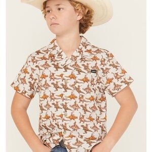 Cinch Kids Dinosaur Print Button Down Shirt - Cream and Brown